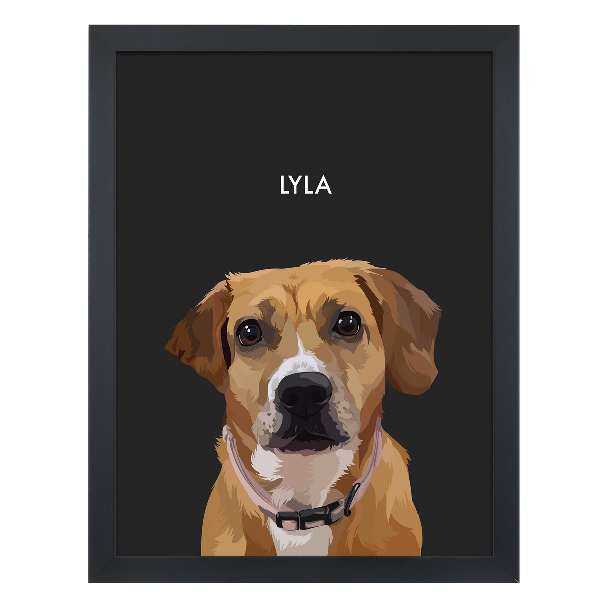 Black framed 'Lyla' dog portrait on a black 18x24 canvas background.