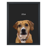 Black framed 'Lyla' dog portrait on a black 18x24 canvas background.