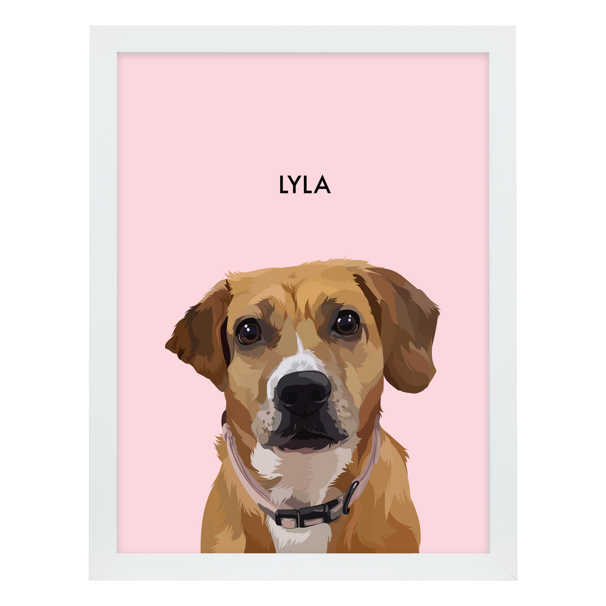 White framed 'Lyla' dog portrait on a pink 18x24 canvas background.