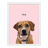 White framed 'Lyla' dog portrait on a pink 18x24 canvas background.