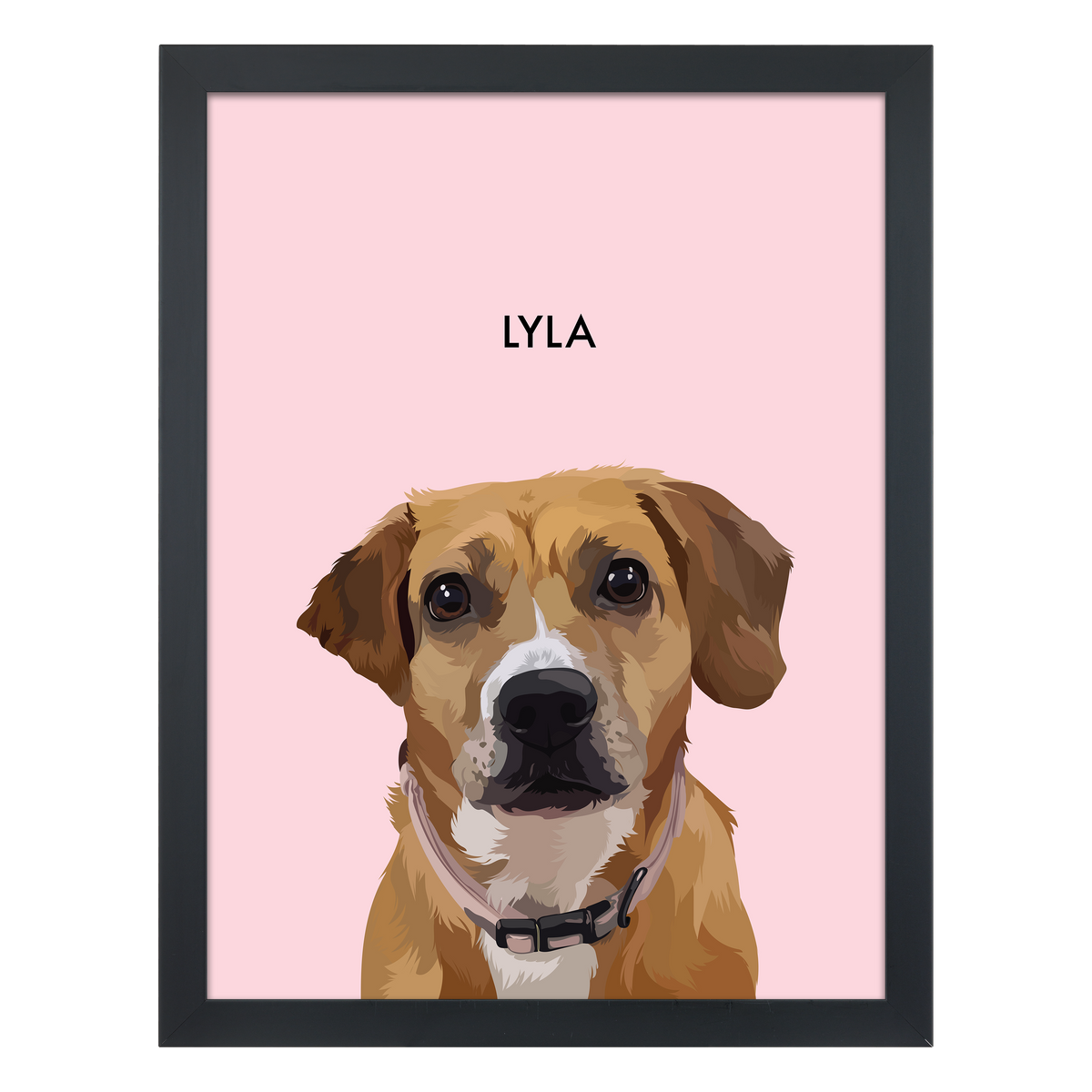 Black framed 'Lyla' dog portrait on a pink 18x24 canvas background.