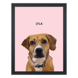 Black framed 'Lyla' dog portrait on a pink 18x24 canvas background.