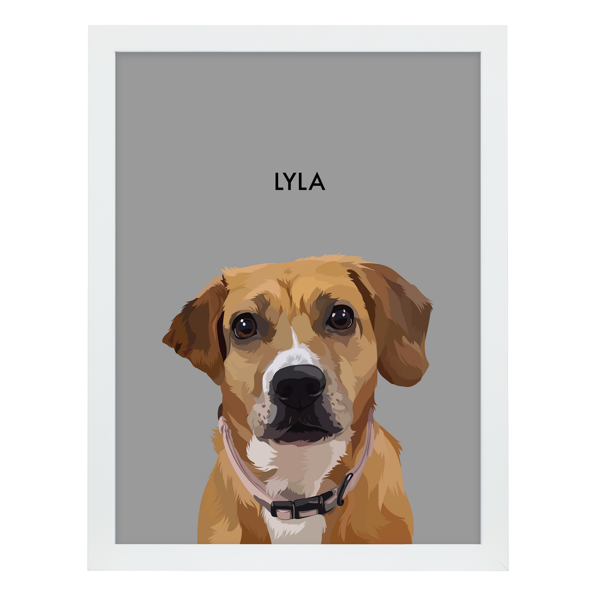 White framed 'Lyla' dog portrait on a gray 18x24 canvas background.