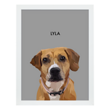 White framed 'Lyla' dog portrait on a gray 18x24 canvas background.