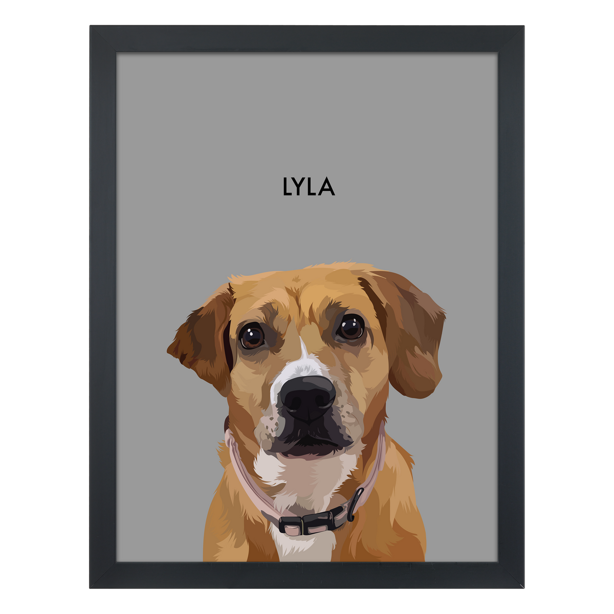 Black framed 'Lyla' dog portrait on a gray 18x24 canvas background.