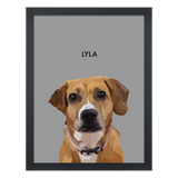 Black framed 'Lyla' dog portrait on a gray 18x24 canvas background.