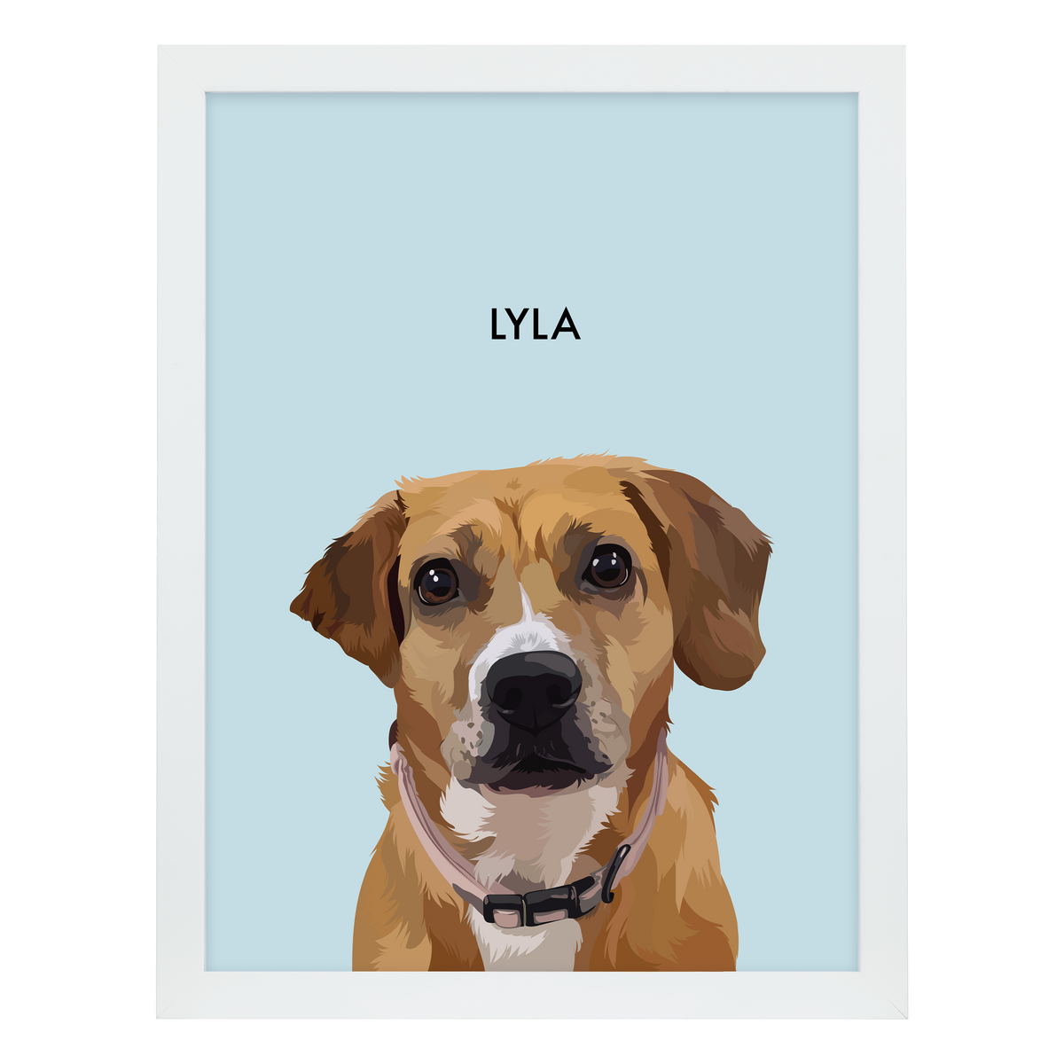 White framed 'Lyla' dog portrait on a blue 18x24 canvas background.