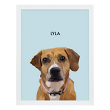 White framed 'Lyla' dog portrait on a blue 18x24 canvas background.