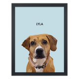 Black framed 'Lyla' dog portrait on a blue 18x24 canvas background.