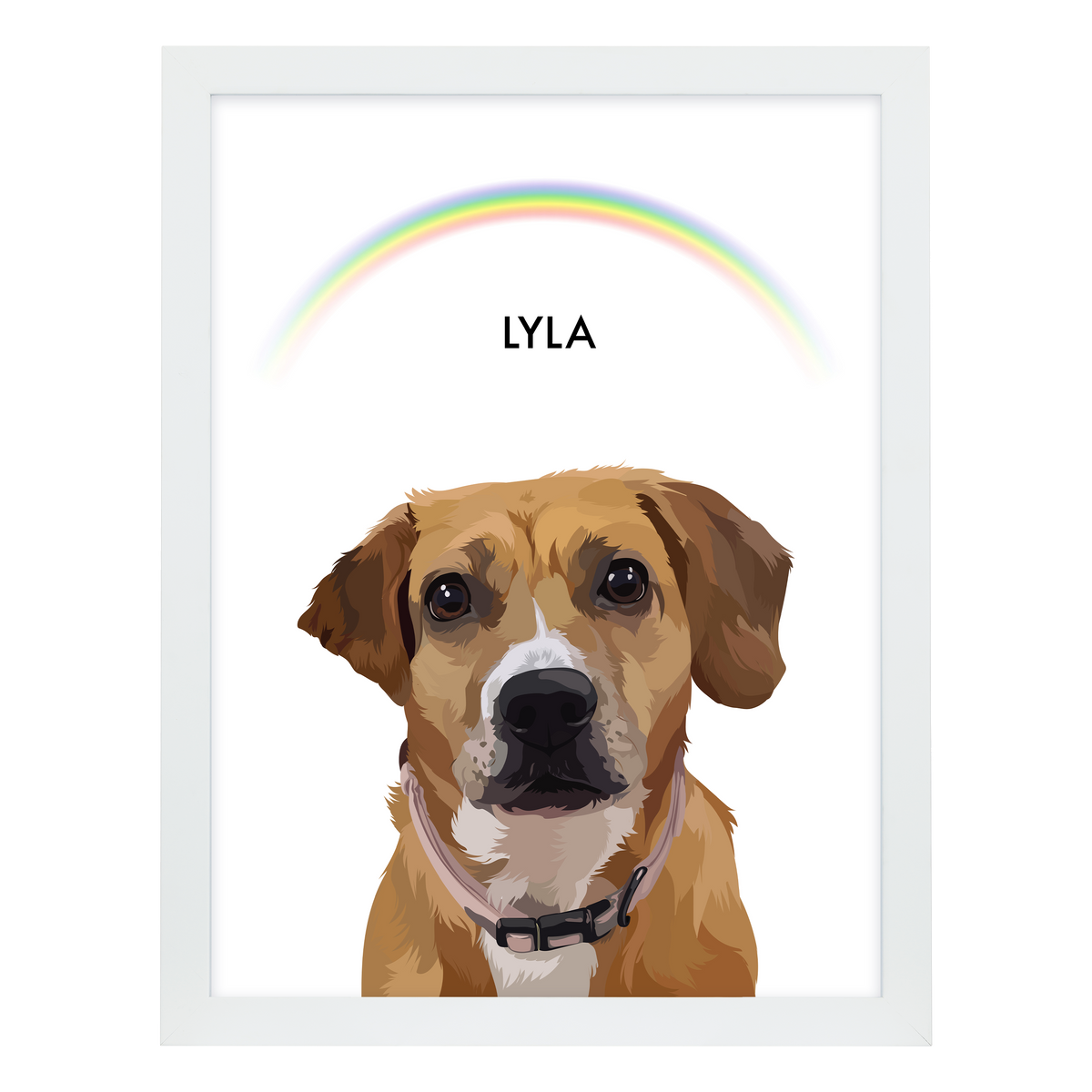 White framed 'Lyla' dog portrait on a white 18x24 canvas with rainbow background.