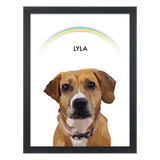 Black framed 'Lyla' dog portrait on a white 18x24 canvas with a rainbow background.