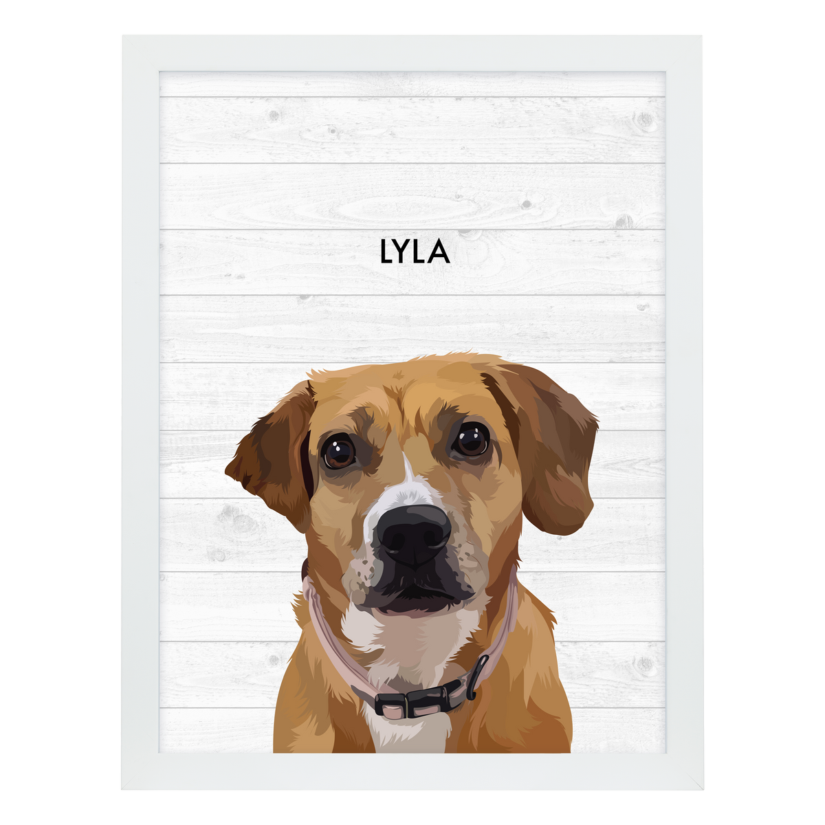 White framed 'Lyla' dog portrait on a white wood 18x24 canvas background.