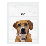 White framed 'Lyla' dog portrait on a white wood 18x24 canvas background.
