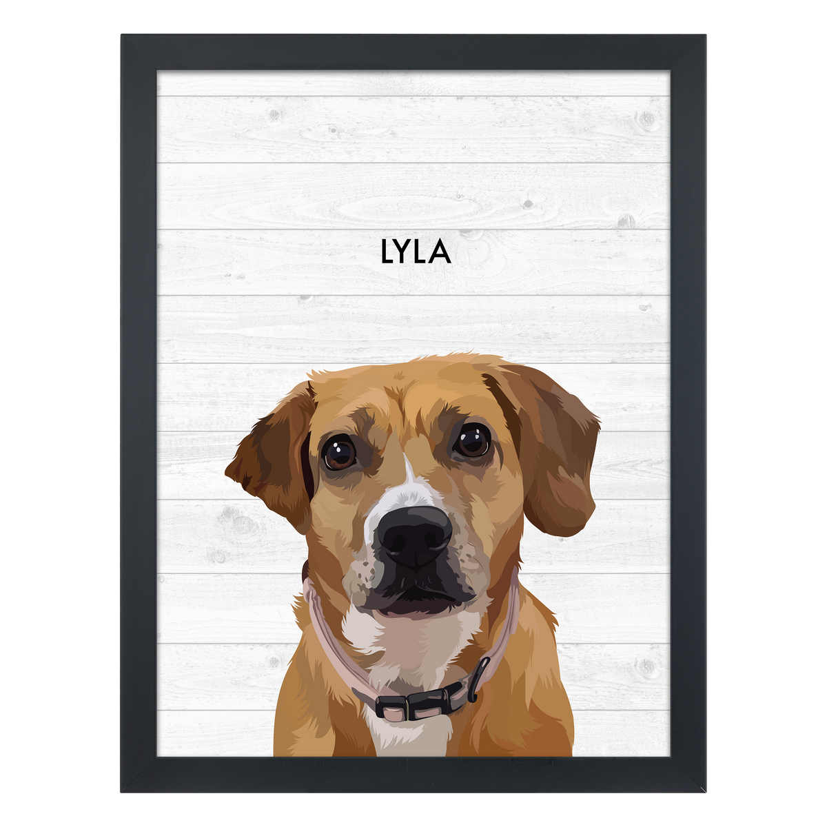 Black frame 'Lyla' dog portrait on a white wood 18x24 canvas background.