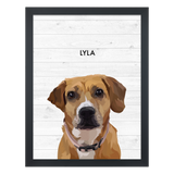 Black frame 'Lyla' dog portrait on a white wood 18x24 canvas background.