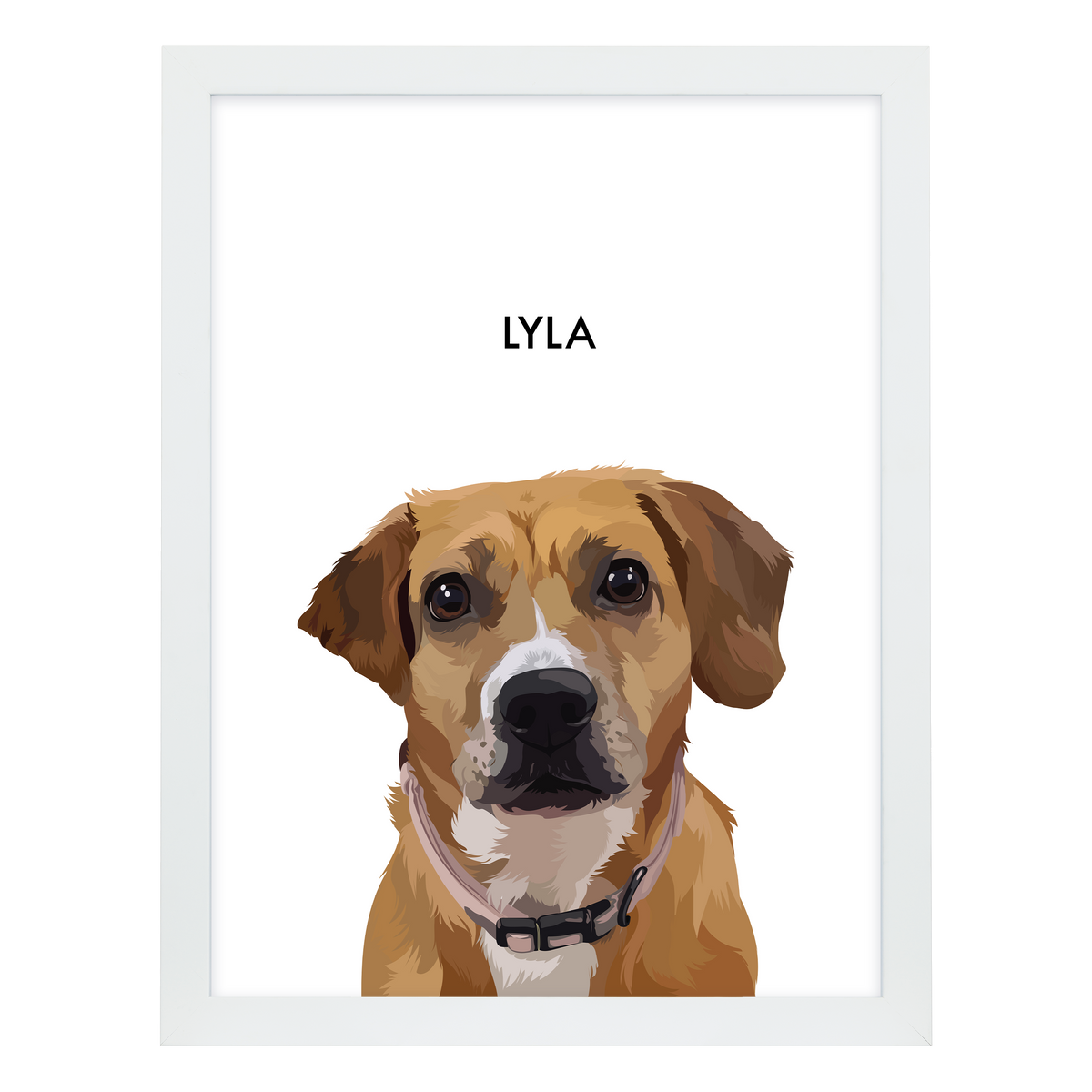 White framed 'Lyla' dog portrait on a white 18x24 canvas background.