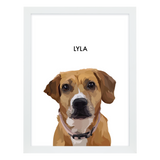 White framed 'Lyla' dog portrait on a white 18x24 canvas background.