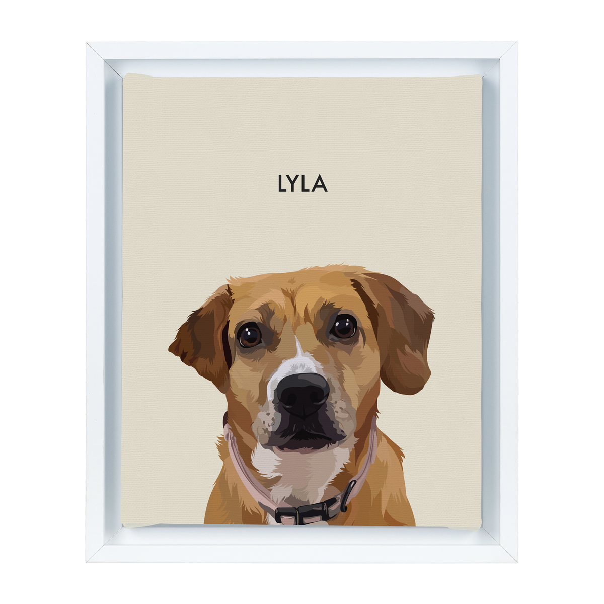 White-framed 'Lyla' dog portrait on a beige 8x10 canvas with a black background.