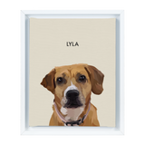 White-framed 'Lyla' dog portrait on a beige 8x10 canvas with a black background.