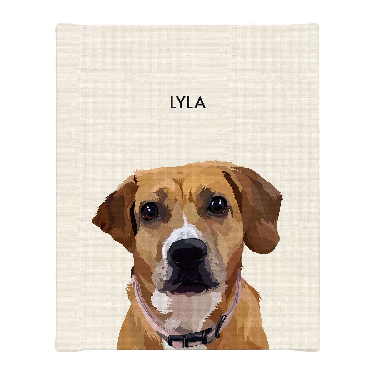 No framed 'Lyla' dog portrait on a beige 8x10 canvas background.