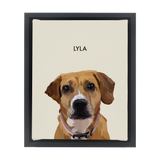 White-framed 'Lyla' dog portrait on a beige 8x10 canvas background.