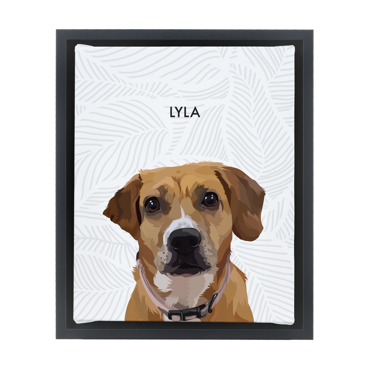 White-framed 'Lyla' dog portrait on a white 8x10 canvas with grey leaves background.