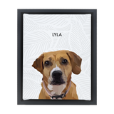 White-framed 'Lyla' dog portrait on a white 8x10 canvas with grey leaves background.