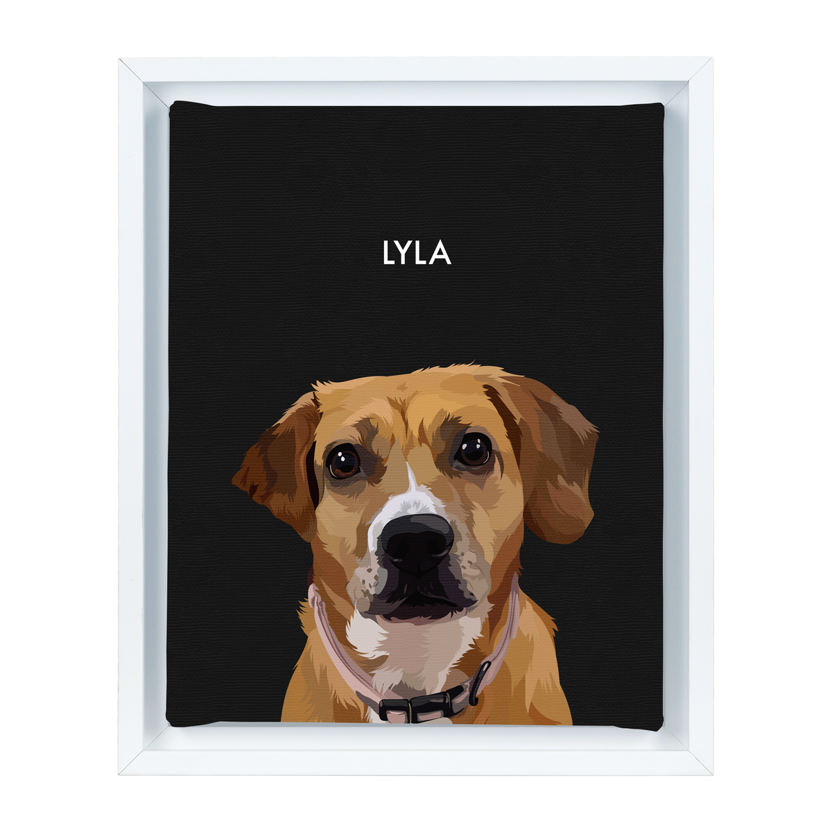 White-framed 'Lyla' dog portrait on a black 8x10 canvas with a black background.