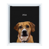 White-framed 'Lyla' dog portrait on a black 8x10 canvas with a black background.