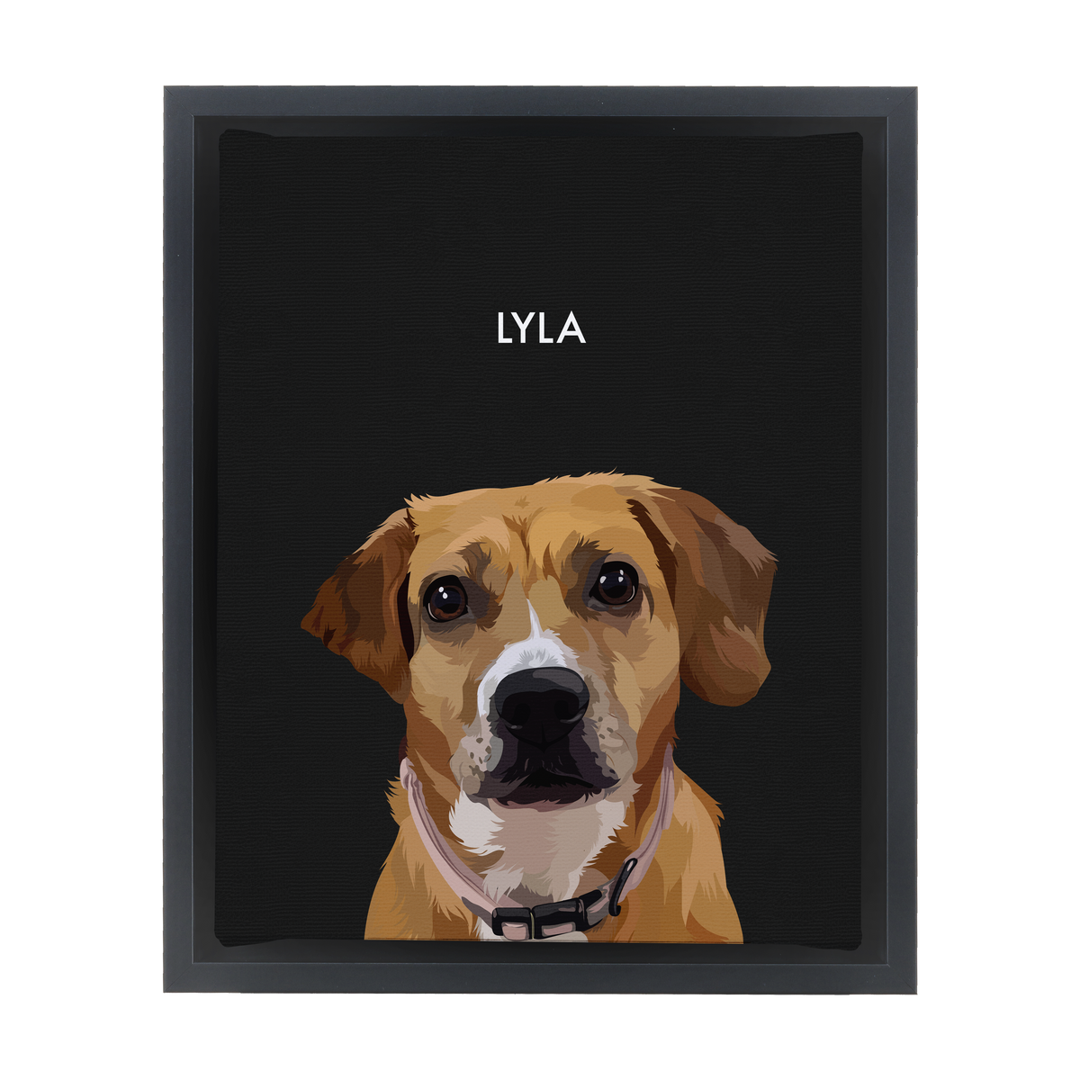 Black-framed 'Lyla' dog portrait on a black 8x10 canvas background.