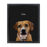Black-framed 'Lyla' dog portrait on a black 8x10 canvas background.