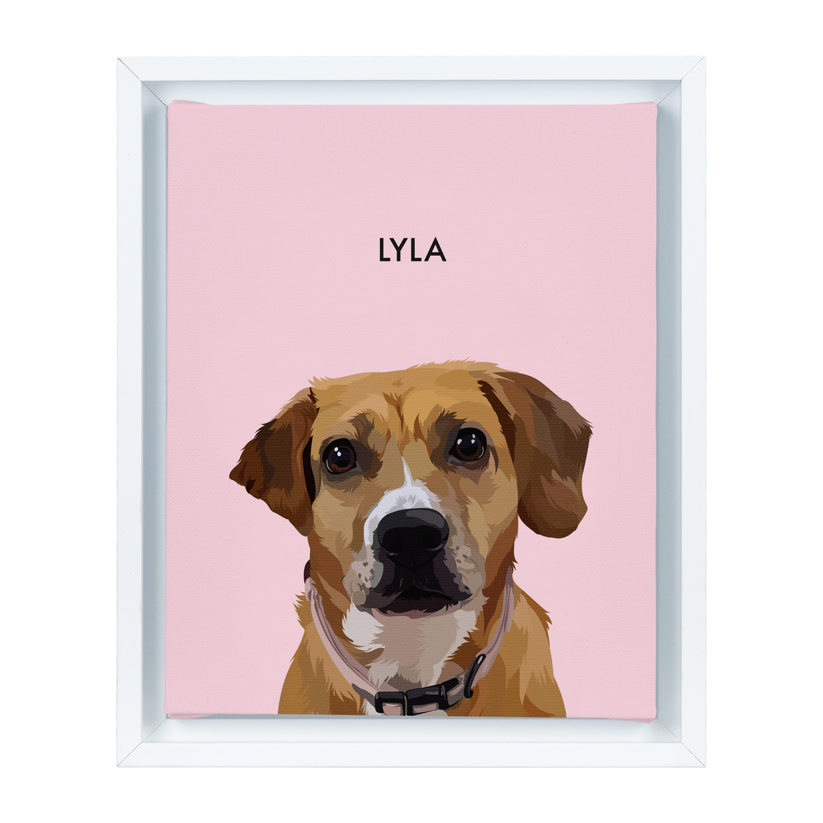 White-framed 'Lyla' dog portrait on a pink  8x10 canvas background.