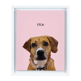 White-framed 'Lyla' dog portrait on a pink  8x10 canvas background.