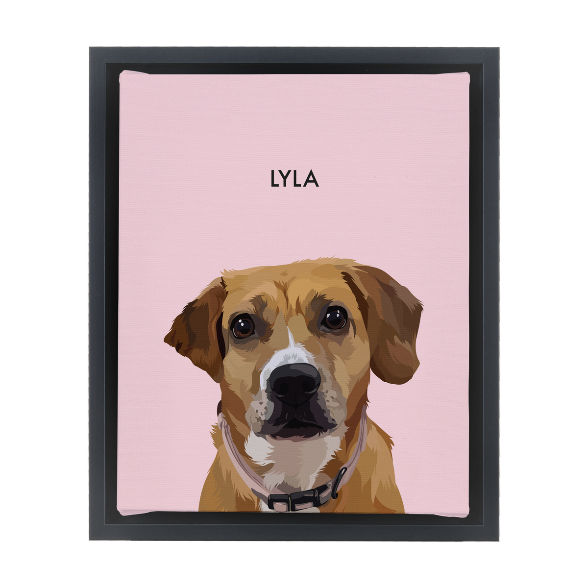 Black-framed 'Lyla' dog portrait on a pink 8x10 canvas background.