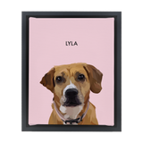 Black-framed 'Lyla' dog portrait on a pink 8x10 canvas background.