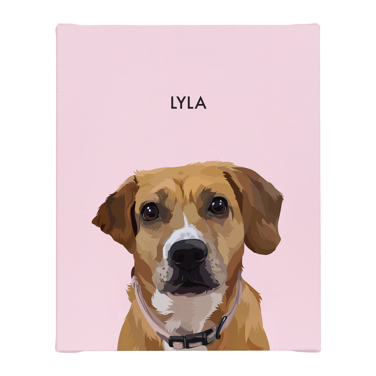 No framed 'Lyla' dog portrait on a pink 8x10 canvas background.