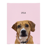 No framed 'Lyla' dog portrait on a pink 8x10 canvas background.