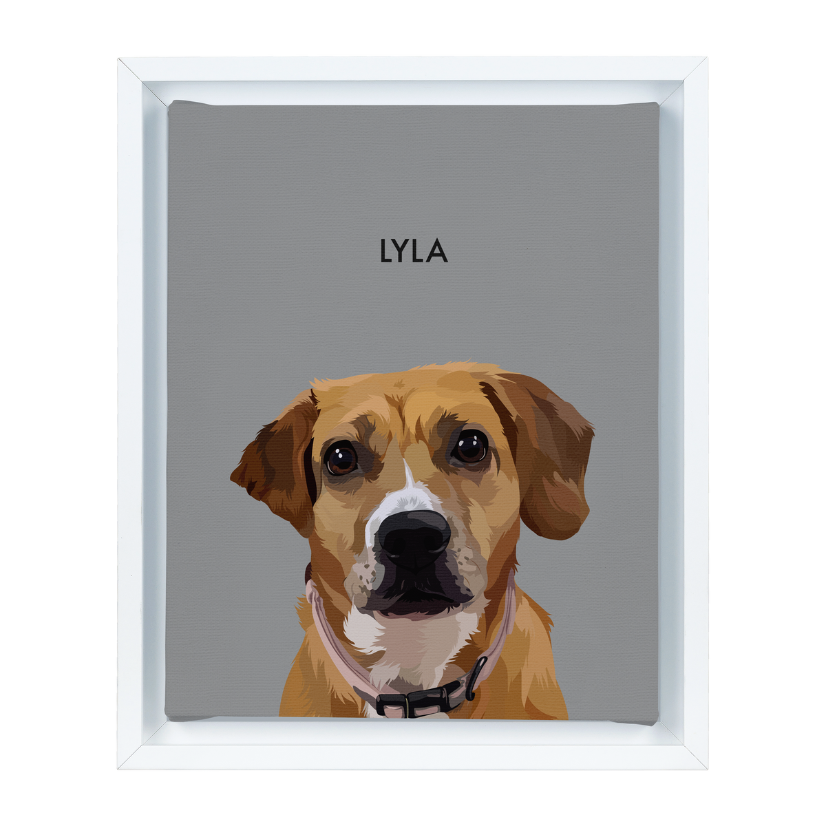 White-framed 'Lyla' dog portrait on a gray 8x10 canvas background.