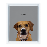 White-framed 'Lyla' dog portrait on a gray 8x10 canvas background.