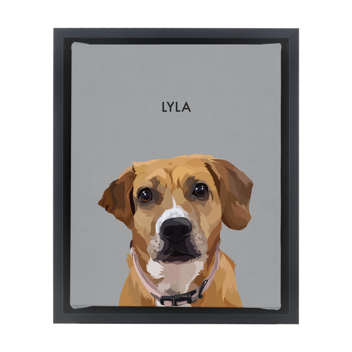 Black-framed 'Lyla' dog portrait on a gray 8x10 canvas background.