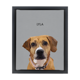 Black-framed 'Lyla' dog portrait on a gray 8x10 canvas background.