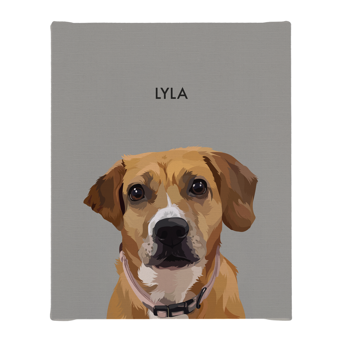 No framed 'Lyla' dog portrait on a gray 8x10 canvas background.