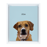 White-framed 'Lyla' dog portrait on a blue 8x10 canvas background.
