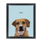 Black-framed 'Lyla' dog portrait on a blue 8x10 canvas background.