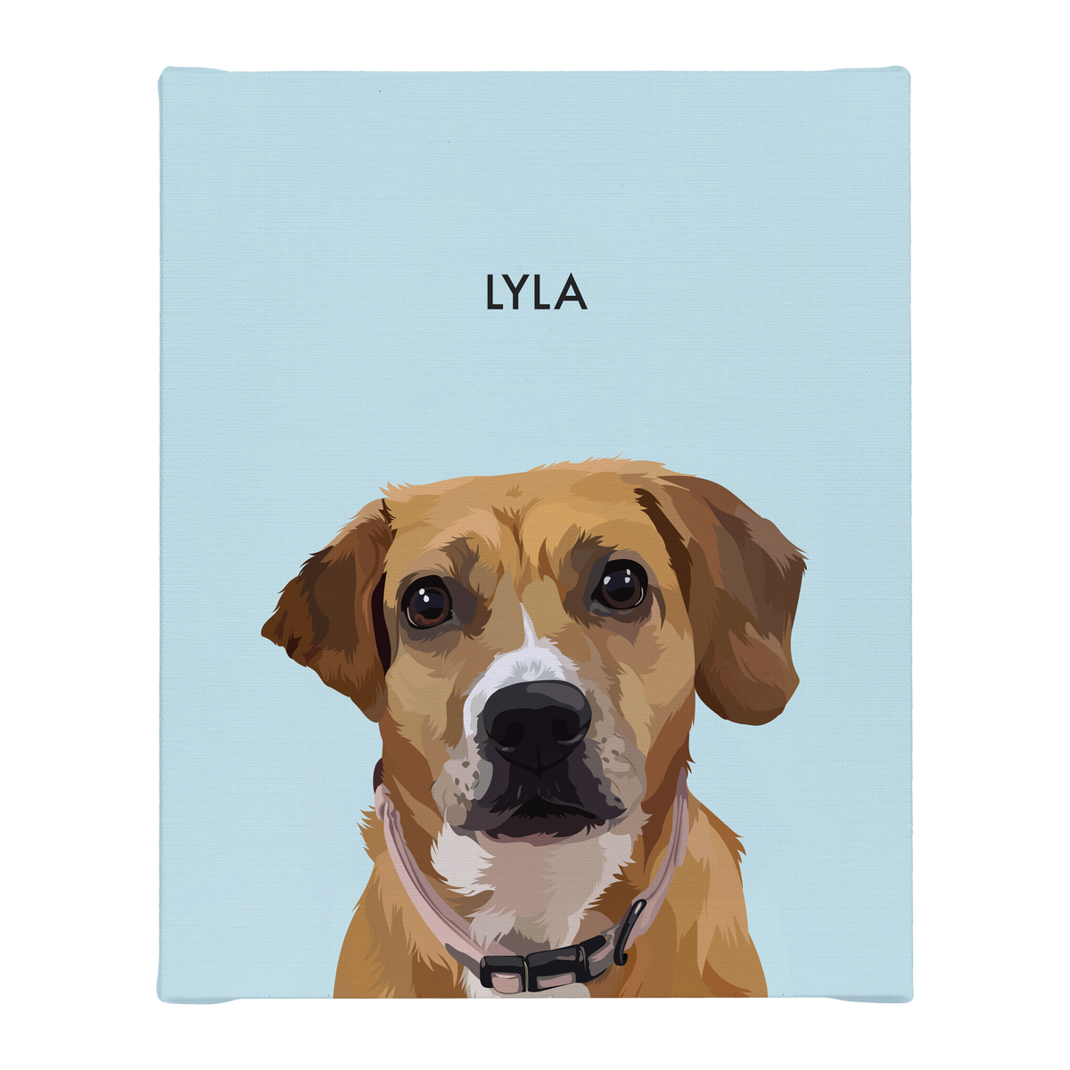 No framed 'Lyla' dog portrait on a blue 8x10 canvas background.