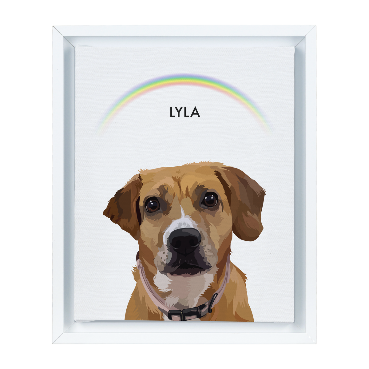 White-framed 'Lyla' dog portrait on a white 8x10 canvas with a rainbow background.