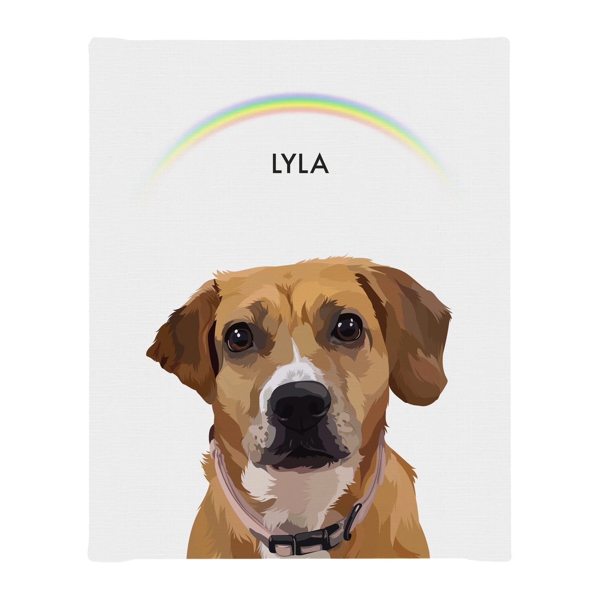 No framed 'Lyla' dog portrait on a blue 8x10 canvas with a rainbow background.
