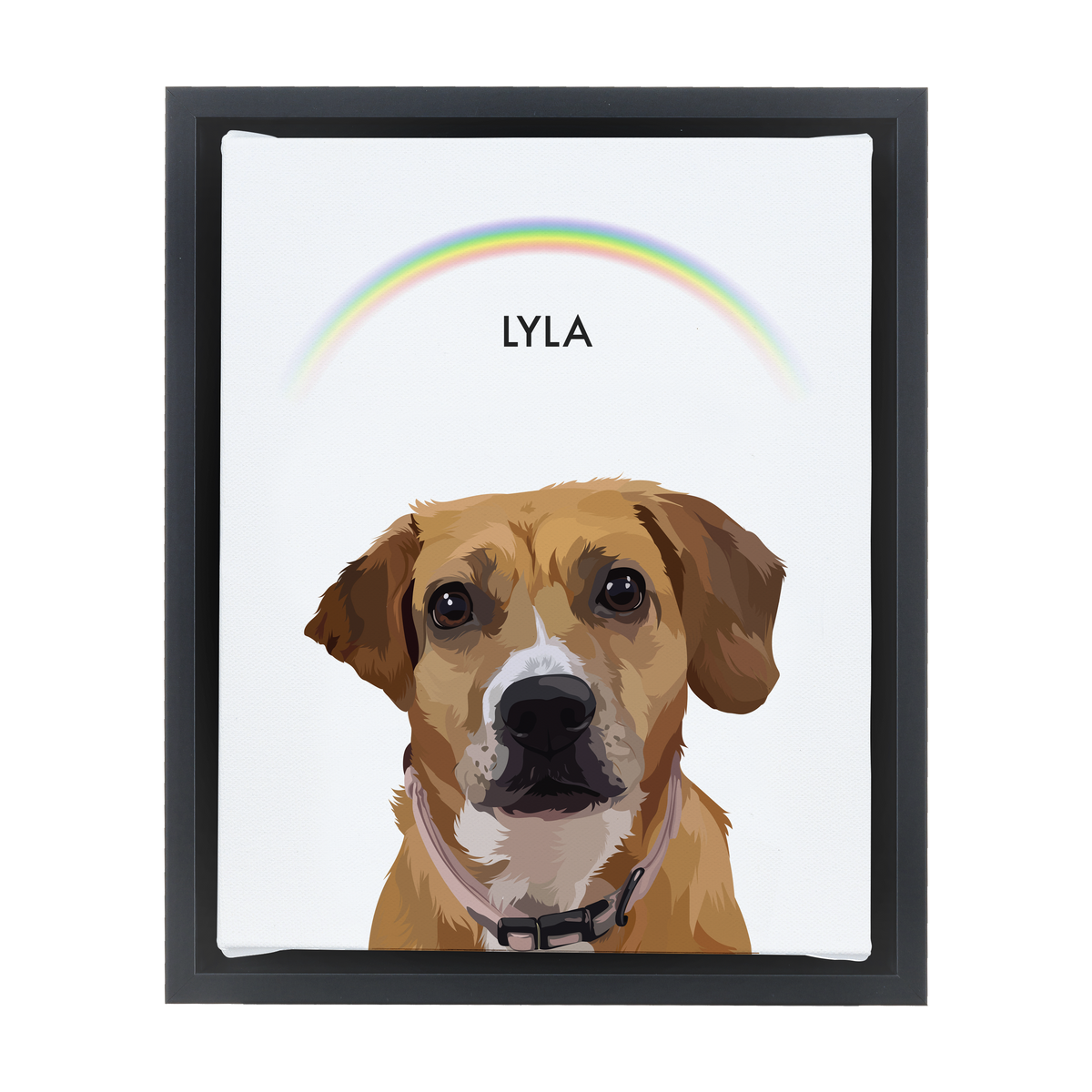 Black-framed 'Lyla' dog portrait on a white 8x10 canvas with rainbow background.