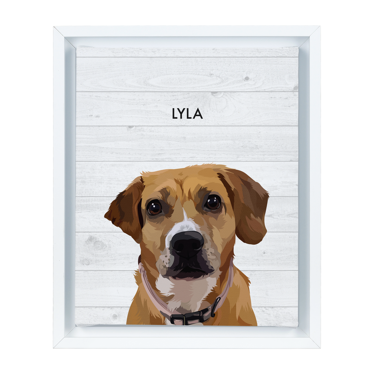 White-framed 'Lyla' dog portrait on a 8x10 canvas with white wood background.