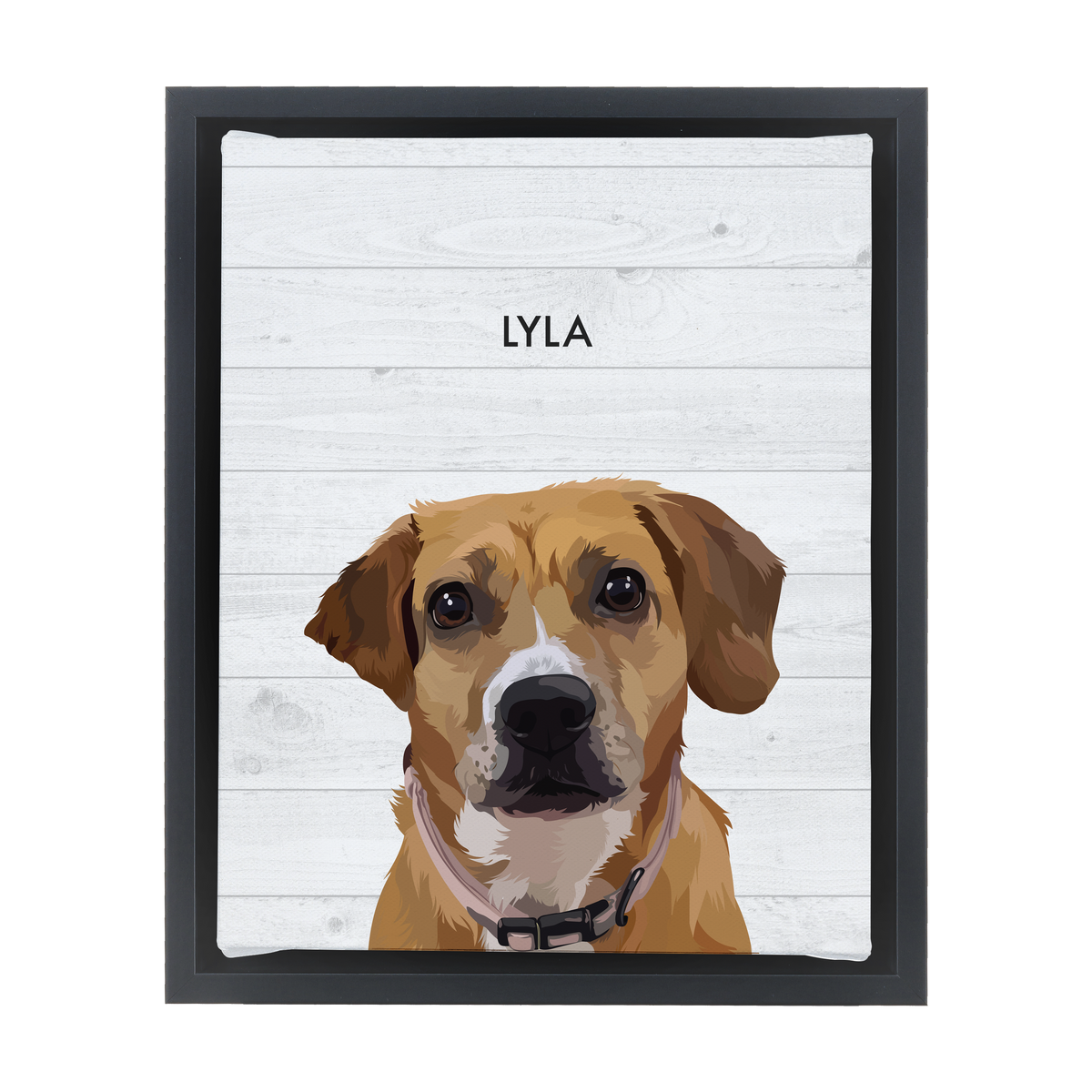 Black-framed 'Lyla' dog portrait on a white wood 8x10 canvas background.
